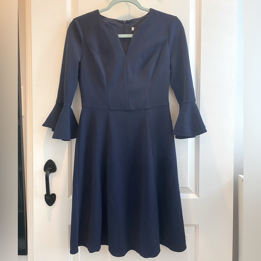London Times split neck flounce sleeve dress (navy, 0)